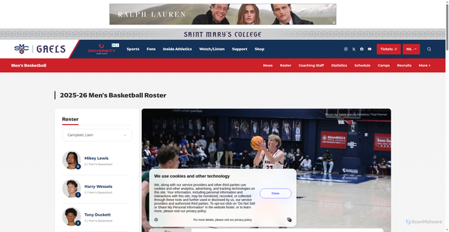 Security scan screenshot of https://smcgaels.com/sports/mens-basketball/roster/liam-campbell/5938
