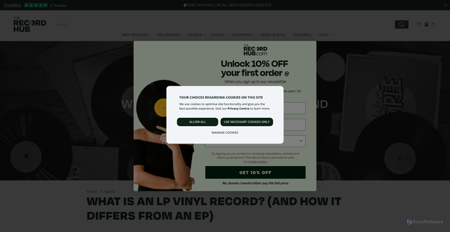 Security scan screenshot of https://www.therecordhub.com/blogs/news/what-is-an-lp-vinyl-record-everything-you-need-to-know