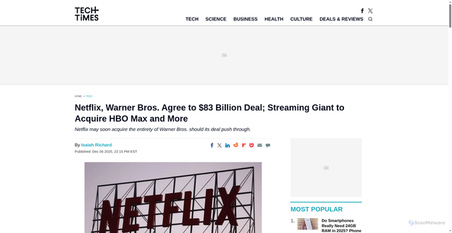 Security scan screenshot of http://www.techtimes.com/articles/313183/20251206/netflix-warner-bros-agree-83-billion-deal-streaming-giant-acquire-hbo-max-more.htm