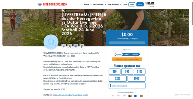 Security scan screenshot of https://rideforeducation.com/livestrea-ms-free-bosnia-herzegovina-vs-qatar-live-free-fifa-world-cup-2026-football-24-june-2026