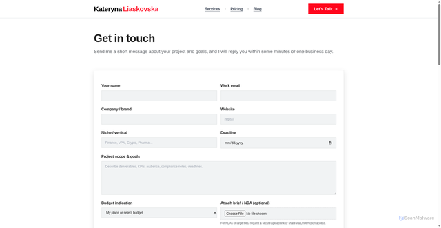 Security scan screenshot of https://katerynaliaskovska.com/contact/?type=discovery
