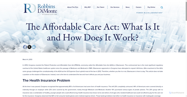 Security scan screenshot of https://robbinsdimonte.com/news/articles/the-affordable-care-act-what-is-it-and-how-does-it-work/
