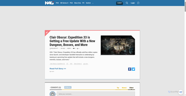 Security scan screenshot of https://n4g.com/news/2679540/clair-obscur-expedition-33-is-getting-a-free-update-with-a-new-dungeon-bosses-and-more