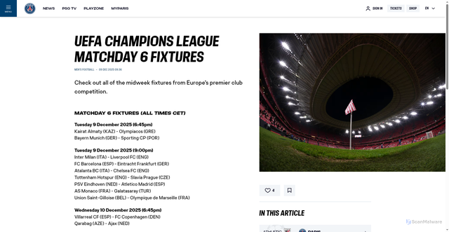 Security scan screenshot of https://www.psg.fr/en/content/uefa-champions-league-matchday-6-fixtures-psg-ucl-athletic-club-2025-2026