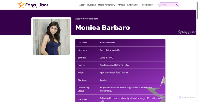 Security scan screenshot of https://www.fancystar.com/actor/monica-barbaro/