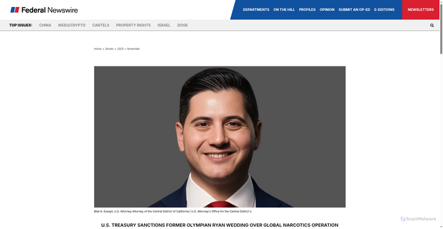 Security scan screenshot of https://thefederalnewswire.com/stories/676382148-u-s-treasury-sanctions-former-olympian-ryan-wedding-over-global-narcotics-operation