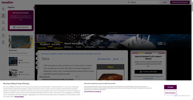 Security scan screenshot of https://robotwars.fandom.com/wiki/Talos