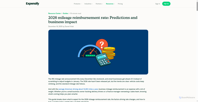 Security scan screenshot of https://use.expensify.com/resource-center/guides/2026-mileage-reimbursement-rate