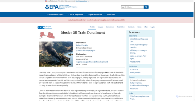 Security scan screenshot of https://response.epa.gov/MosierOilTrainDerailment