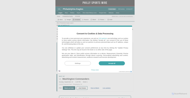 Security scan screenshot of https://philasportswire.com/eagles-schedule/