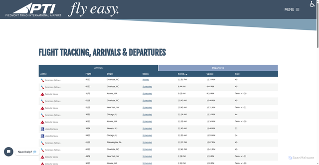 Security scan screenshot of https://flyfrompti.com/flight-tracking-arrivals-departures/