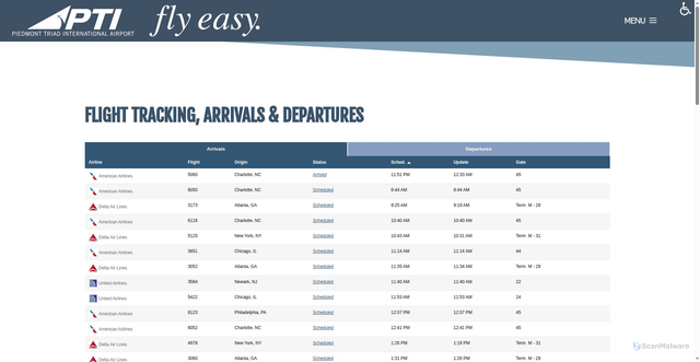Security scan screenshot of https://flyfrompti.com/flight-tracking-arrivals-departures/
