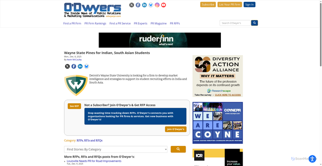 Security scan screenshot of https://www.odwyerpr.com/story/public/23996/2025-12-08/wayne-state-pines-for-indian-south-asian-students.html