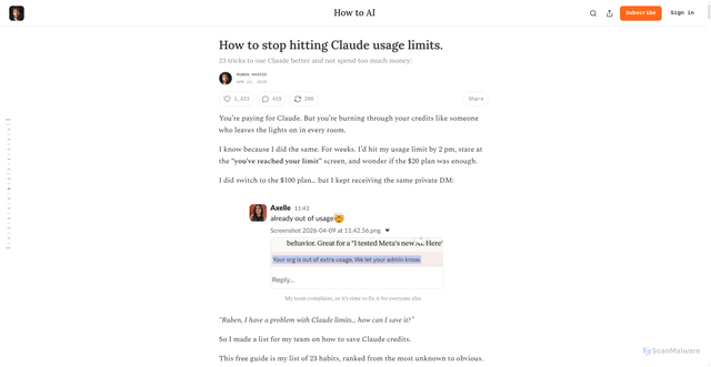 Security scan screenshot of https://ruben.substack.com/p/how-to-stop-hitting-claude-usage