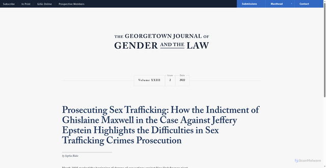 Security scan screenshot of https://www.law.georgetown.edu/gender-journal/online/volume-xxiii-online/prosecuting-sex-trafficking-how-the-indictment-of-ghislaine-maxwell-in-the-case-against-jeffery-epstein-highlights-the-difficulties-in-sex-trafficking-crimes-prosecution/