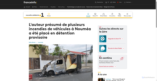 Security scan screenshot of https://la1ere.franceinfo.fr/nouvellecaledonie/province-sud/noumea/l-auteur-presume-de-plusieurs-incendies-de-vehicules-a-noumea-a-ete-place-en-detention-provisoire-1635925.html