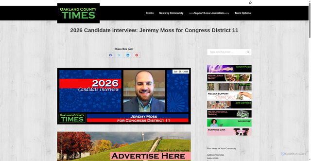 Security scan screenshot of https://oaklandcounty115.com/2026/07/29/2026-candidate-interview-jeremy-moss-for-congress-district-11/