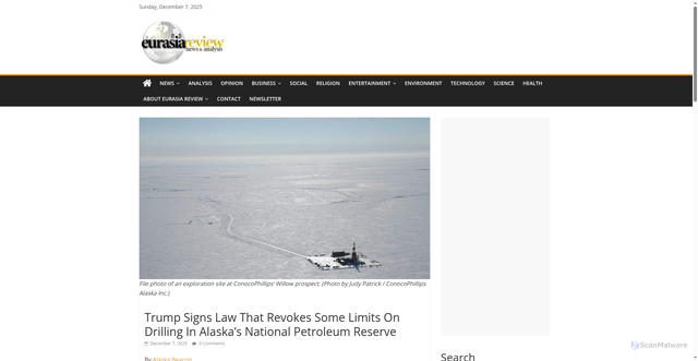 Security scan screenshot of https://www.eurasiareview.com/07122025-trump-signs-law-that-revokes-some-limits-on-drilling-in-alaskas-national-petroleum-reserve/