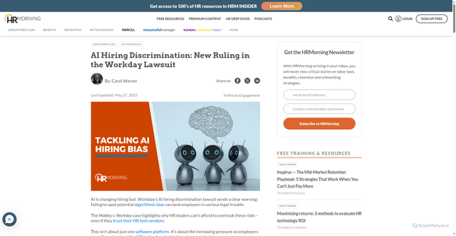 Security scan screenshot of https://www.hrmorning.com/news/ai-hiring-discrimination-workday/