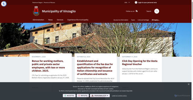 Security scan screenshot of https://www.comune.vinzaglio.no.it/it-it/home