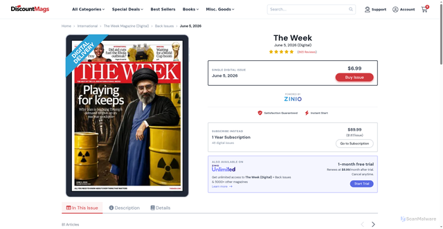 Security scan screenshot of https://www.discountmags.com/magazine/the-week-june-5-2026-digital?srsltid=AU7gw4Vj-fFvucR0mJ0OAFsxKd4BGEtO71ZZdTKNOea_mSNpD0c8kvKe