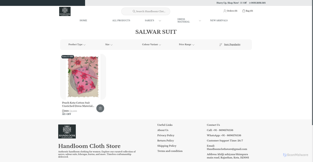 Security scan screenshot of https://handloomclothstore.com/SALWAR-SUIT/collection/jaq_fq-F