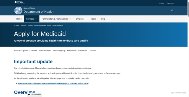 Security scan screenshot of https://health.alaska.gov/en/services/division-of-public-assistance-dpa-services/apply-for-medicaid/