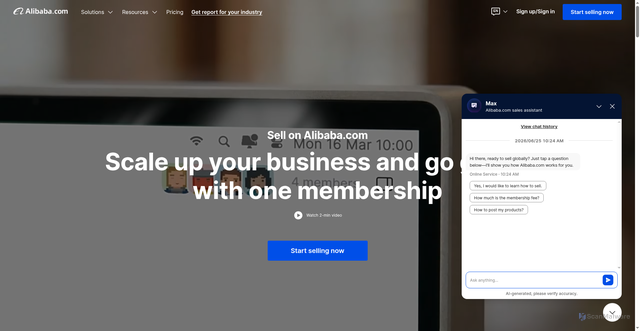 Security scan screenshot of https://seller.alibaba.com/