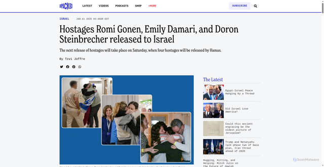 Security scan screenshot of https://unpacked.media/hostages-romi-gonen-emily-damari-and-doron-steinbrecher-released-to-israel/