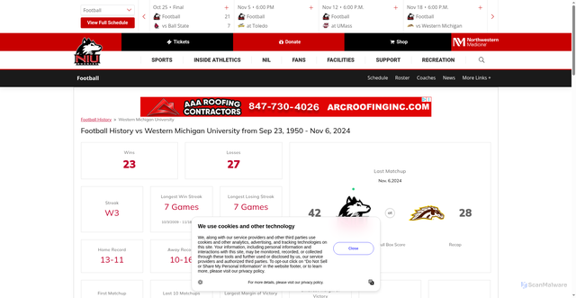Security scan screenshot of https://niuhuskies.com/sports/football/opponent-history/western-michigan-university/184