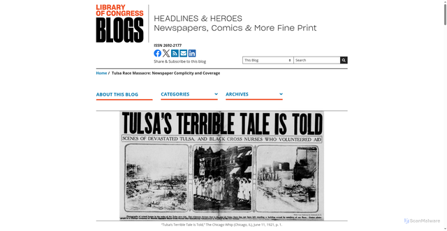Security scan screenshot of https://blogs.loc.gov/headlinesandheroes/2021/05/tulsa-race-massacre-newspaper-complicity-and-coverage/