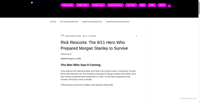 Security scan screenshot of https://www.vibenyctours.com/post/the-prophet-of-the-south-tower-rick-rescorla-9-11-hero-and-the-discipline-of-survival?srsltid=AfmBOoqYBKalWp1M-ZnMIOMnV4ns-Hi2JS4CqbKG6c2O8Gqg8EfaKEvZ