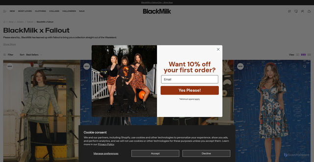 Security scan screenshot of https://blackmilkclothing.com/collections/fallout?srsltid=AfmBOopC6WbqeHjuFnpfRTq-6-jPqqkfLBrCmLDy_ZNUvYAysQfAWxDp
