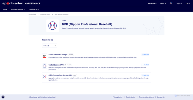 Security scan screenshot of https://marketplace.sportradar.com/leagues/687fea0f8de93a6971154c47