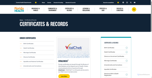 Security scan screenshot of http://floridavitalstatisticsonline.com/