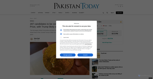 Security scan screenshot of https://www.pakistantoday.com.pk/2026/05/01/287-candidates-to-be-considered-for-2026-nobel-peace-prize-with-trump-likely-among-nominees