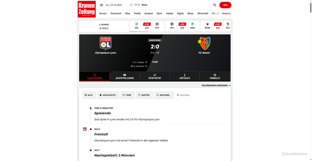 Security scan screenshot of https://www.krone.at/ticker/soccer/63377837