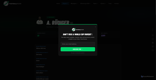 Security scan screenshot of https://www.footballpickr.com/players/antonio-rudiger