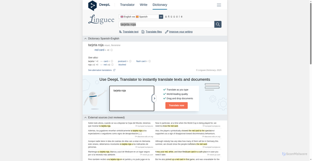 Security scan screenshot of https://www.linguee.com/spanish-english/translation/tarjeta+roja.html