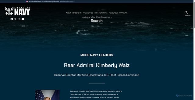 Security scan screenshot of https://www.navy.mil/Leadership/Flag-Officer-Biographies/Search/Article/3212098/rear-admiral-kimberly-walz/