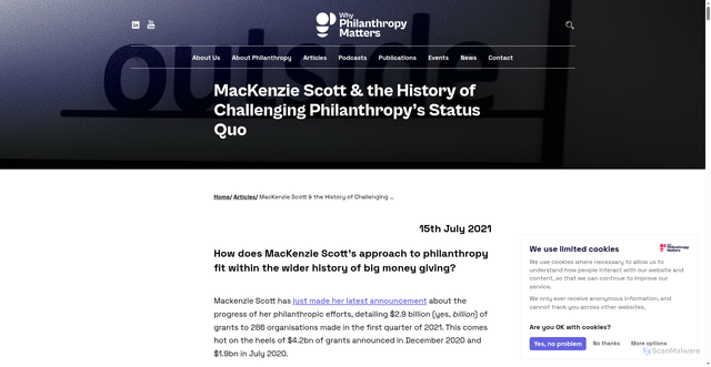 Security scan screenshot of https://whyphilanthropymatters.com/article/mackenzie-scott-the-history-of-challenging-philanthropys-status-quo/