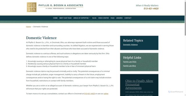 Security scan screenshot of https://www.bossinlaw.com/domestic-violence/