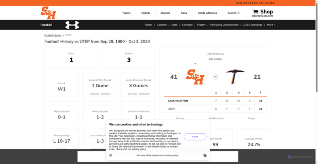 Security scan screenshot of https://gobearkats.com/sports/football/opponent-history/utep/11