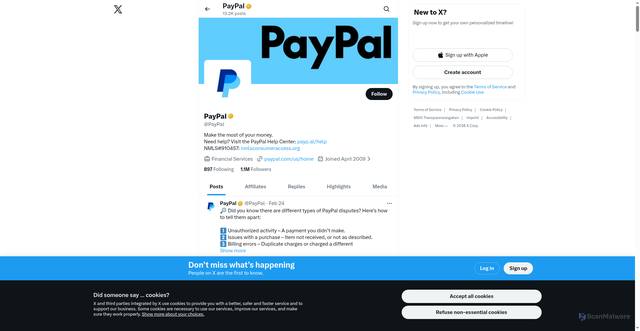 Security scan screenshot of https://x.com/PayPal?v=1%2C0.1&utm_source=unp&utm_medium=email&utm_campaign=RT002668&utm_unptid=78882f19-12b4-11f1-bfb2-35b67451cfe1&ppid=RT002668&cnac=SE&rsta=sv_SE%28sv-SE%29&unptid=78882f19-12b4-11f1-bfb2-35b67451cfe1&calc=f7a68a503877a&unp_tpcid=legal-tickler-notifications&page=main%3Aemail%3ART002668&pgrp=main%3Aemail&e=re&mchn=em&s=ci&mail=sys&appVersion=1.386.0&tenant_name=PayPal&xt=145585%2C154413%2C104038&link_ref=twitter.com_paypal