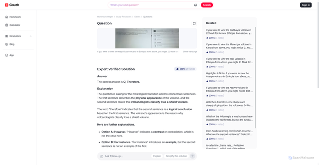 Security scan screenshot of https://www.gauthmath.com/solution/1985988618930180/If-you-were-to-view-the-Hayli-Gubbi-volcano-in-Ethiopia-from-above-you-might-22-