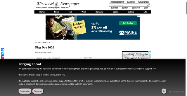 Security scan screenshot of https://www.wiscassetnewspaper.com/article/flag-day-2026/271039