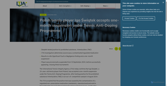 Security scan screenshot of https://www.itia.tennis/news/sanctions/polish-tennis-player-iga-swiatek-accepts-one-month-suspension-under-tennis-anti-doping-programme/