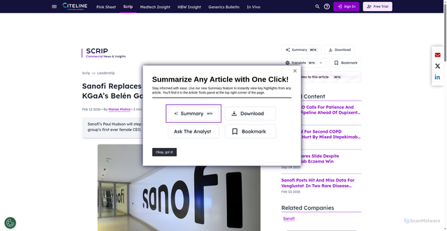 Security scan screenshot of https://insights.citeline.com/scrip/leadership/breaking-sanofi-replaces-ceo-paul-hudson-with-merck-kgaas-belen-garijo-5GHRMD3HGRAT5D7HWZUNLWD2NY/