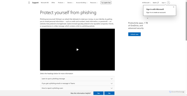 Security scan screenshot of https://support.microsoft.com/en-us/windows/protect-yourself-from-phishing-0c7ea947-ba98-3bd9-7184-430e1f860a44