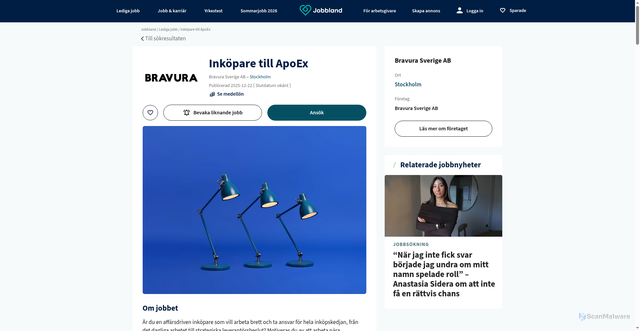 Security scan screenshot of https://jobbland.se/jobb/inkopare-till-apoex-sbsra-19862687?utm_source=jobbevakaren&utm_medium=email&utm_content=sv&identifier=1436885062c5755f1fec8ac9a5d96cd8a761b5ca33eacfff6aca2048d3bdcc76